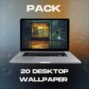 Puede incluir: Un portátil plateado muestra una obra de arte digital de una parada de autobús bajo la lluvia. La palabra "PACK" está en la parte superior, y "20 DESKTOP WALLPAPER" está en la parte inferior en letras blancas. El fondo es un degradado de gris y oro.