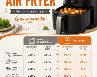 Air Fryer Conversion Tables | Oven to Air Fryer Time & Temperature Guide | Printable Cooking Cheat Sheet PDF