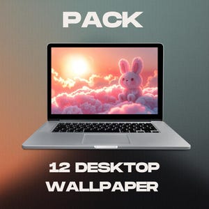 Może przedstawiać: Srebrny laptop z różowym królikiem na tle chmur. U góry napis "PACK", na dole "12 DESKTOP WALLPAPER". Ekran przedstawia uroczego, puszystego królika w marzycielskiej scenerii.