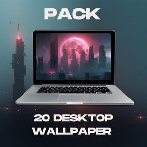 Puede incluir: Un portátil plateado muestra un paisaje urbano digital con una luna roja. La palabra "PACK" está en la parte superior, y "20 DESKTOP WALLPAPER" está en la parte inferior en texto blanco. El fondo es un degradado de verde azulado y azul oscuro.