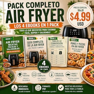 Puede incluir: Imagen promocional de un paquete de libros electrónicos de freidora de aire. La imagen presenta una freidora de aire negra, cuatro libros electrónicos con recetas y el texto "PACK COMPLETO AIR FRYER" y "LOS 4 EBOOKS EN 1 PACK". El precio es de 4,99 USD.