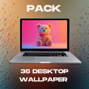 Może przedstawiać: Srebrny laptop wyświetla pluszowego misia na różowo-niebieskim tle gradientowym. Słowo "PACK" znajduje się na górze, a "36 DESKTOP WALLPAPER" na dole białym tekstem. Tło ma efekt kropli wody.