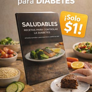 May include: A cookbook titled "SALUDABLES RECETAS PARA CONTROLAR LA DIABETES" is displayed with a plate of food, including salmon and broccoli. The image also features text that says "Cocina SALUDABLE para DIABETES" and "¡Solo $1!"
