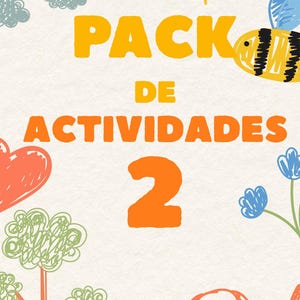 Puede incluir: Una hoja de actividades digital titulada PACK DE ACTIVIDADES 2 en texto naranja en negrita. El fondo presenta ilustraciones coloridas dibujadas a mano que incluyen un arcoíris, un sol amarillo, una abeja rayada, un corazón rojo, flores azules, un árbol verde y un perro.