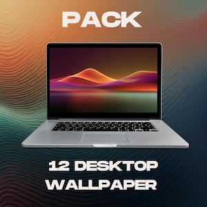 Puede incluir: Un portátil plateado que muestra un fondo de pantalla colorido con formas de montañas naranjas y moradas. La palabra "PACK" está en la parte superior y "12 DESKTOP WALLPAPER" en la parte inferior.