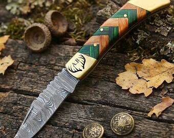 Handmade Damascus Folding Knife – Damascus Blade, Wood Handle, Leather Sheath