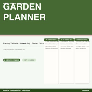 Könnte beinhalten: Ein digitales Gartenplaner-Dokument mit einem dunkelgrünen Header und dem Text GARDEN PLANNER. Es enthält Abschnitte für einen Pflanzkalender, ein Pflanzenwachstumsprotokoll sowie Ernte- und Aufgabenlisten mit Details zu Aussaatindikatoren und Inventar.
