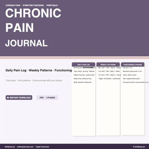 May include: A printable chronic pain journal digital download featuring a purple header with the text CHRONIC PAIN JOURNAL. The layout includes sections for daily pain logs, weekly patterns, and functioning and pacing with fields for tracking symptoms.
