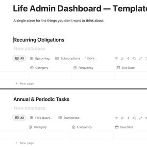 Puede incluir: Una plantilla de panel digital titulada "Life Admin Dashboard - Template" con el lema "Un solo lugar para las cosas en las que no quieres pensar". El panel incluye secciones para obligaciones recurrentes y tareas anuales.
