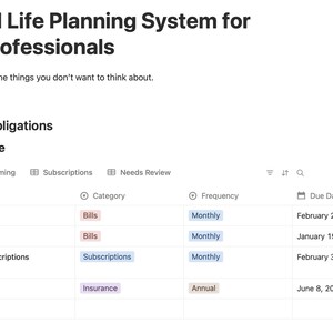 May include: Screenshot of a digital planning system titled "Minimal Life Planning System for Busy Professionals." The interface displays a database of recurring obligations, including rent, utilities, and subscriptions, with due dates and categories.