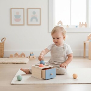 Può includere: Un giocattolo in legno per l'ordinamento delle forme con un cassetto azzurro e tre sfere colorate. Il bambino sta giocando con il giocattolo su un tappeto di colore neutro. Il giocattolo è progettato per lo sviluppo della prima infanzia.