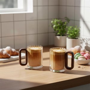 Puede incluir: Dos tazas de vidrio transparente con asas de madera marrón, llenas de café y cubiertas con arte latte. También se ven cruasanes y macarons, lo que sugiere un desayuno o brunch.