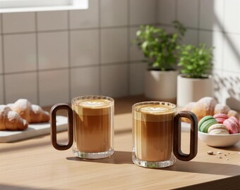木製ハンドル付きリブ付きガラスマグ、モダンでミニマリストなコーヒーカップ、ユニークなティーマグ、美しいガラス製品、コーヒー愛好家への新築祝いのギフト