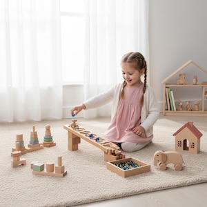 Gift for Kids Wooden Marble Run, Race Marble Machine Winding Track Set Wooden Ball Run Child Marble Maze Roller Track Birthday, Toddler Ball