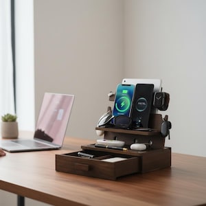 Może przedstawiać: Ciemnobrązowa drewniana stacja ładująca z wieloma gniazdami na smartfony, tablet i smartwatch. Stacja posiada również szufladę do przechowywania drobnych przedmiotów. W tle widoczny jest laptop i mała roślina.