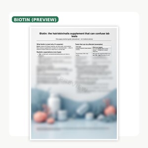May include: A white paper with the title "Biotin: the hair/skin/nails supplement that can confuse lab tests" and the text "BIOTIN (PREVIEW)" in a green rectangle. The paper includes information about biotin and its effects on lab tests.