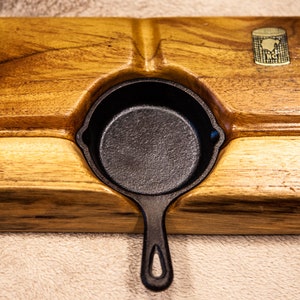 Live Edge Cigar Ashtray with Small Lodge Cast Iron Pan and Engraved Inlay