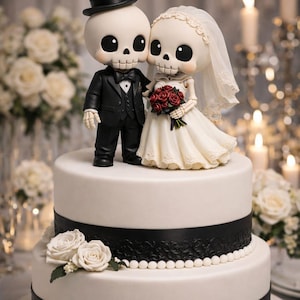 Cute Chibi Skeleton Wedding Cake Topper STL File | Gothic Bride Groom Figurine 3D Print Model | Kawaii Couple Decor