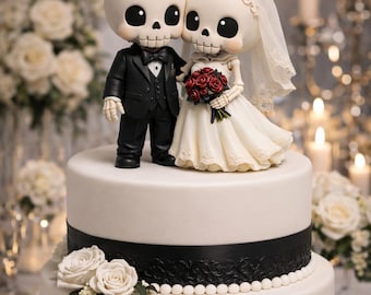 Cute Chibi Skeleton Wedding Cake Topper STL File | Gothic Bride Groom Figurine 3D Print Model | Kawaii Couple Decor