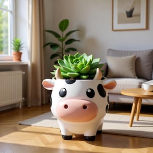 May include: A novelty cow-shaped plant pot, white with black spots, a pink nose, and small horns. It contains a bright green succulent. The pot sits on a wooden floor in a bright room.