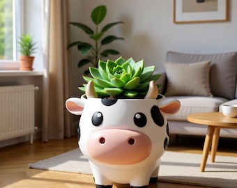 Cow Planter STL File | Cute Animal Plant Pot 3D Print Model | Cow Succulent Planter STL | Desk Decor Plant Holder