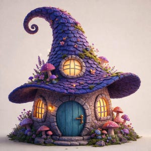 Peut inclure: Une maison de fée fantaisiste en forme de chapeau de sorcière violet. La structure en pierre comprend une porte turquoise, des fenêtres rondes et arquées, et est ornée de champignons et de fleurs. Le bord et le bout du chapeau sont recourbés.