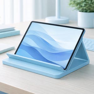 Puede incluir: Una tableta azul claro se muestra en un soporte a juego, mostrando un diseño de ondas azules en su pantalla. La configuración incluye un teclado, un ratón, una taza y un bloc de notas, todos en tonos azules, creando una estética de espacio de trabajo cohesiva.