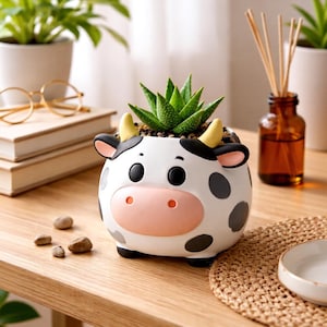 Può includere: Un vaso di ceramica a forma di mucca, bianco e nero, con una pianta succulenta. Il vaso ha macchie nere, corna gialle e un naso rosa. La succulenta ha foglie verdi. Posizionato su un tavolo di legno.