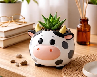 Cow Plant Pot STL File | Cute Cow Planter 3D Print Model | Animal Flower Pot STL | Succulent Planter Desk Decor