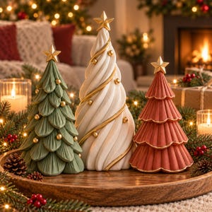 Puede incluir: Tres figuras decorativas de árbol de Navidad en verde, blanco y rojo. El árbol verde tiene texturas de hojas superpuestas con esferas doradas. El árbol blanco tiene un diseño en espiral con detalles dorados. El rojo presenta capas festoneadas.