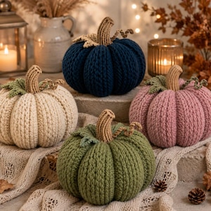 Può includere: Una collezione di quattro zucche lavorate all'uncinetto a mano nei colori blu navy, crema, rosa antico e verde oliva. Ogni zucca presenta una consistenza a coste, un picciolo color marrone chiaro e piccole foglie verdi con viticci.