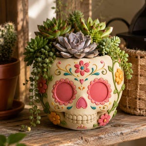 Puede incluir: Una maceta con forma de calavera de color crema con coloridos motivos florales en rosa, naranja y verde. La calavera tiene las cuencas de los ojos y la nariz de color rosa, y está llena de varias suculentas verdes, incluyendo una planta rosario.