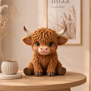 May include: A brown, fluffy Highland cow figurine with large, expressive eyes and small horns. The figurine is sitting on a wooden table. The background includes a vase with dried plants, a framed print, and a bookshelf.