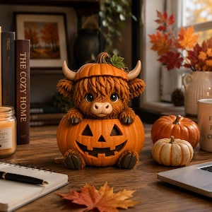 May include: A decorative figurine of a brown, furry Highland cow with horns, wearing a pumpkin-shaped hat and sitting inside a carved jack-o'-lantern pumpkin. The figurine features detailed fur texture, large dark eyes, and a carved smiling face.