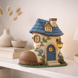 Puede incluir: Una caprichosa casa de hadas con forma de bota, con tejado azul, chimenea y puerta. La bota es beige y marrón, adornada con flores y enredaderas. Una pequeña linterna cuelga junto a la puerta. La casa se asienta sobre una base verde.