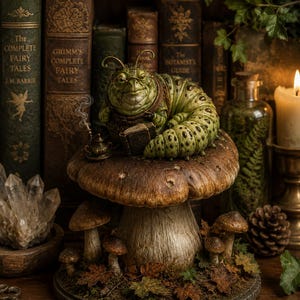 Puede incluir: Una figura de oruga verde texturizada con gafas pequeñas, sosteniendo un libro diminuto, posada sobre una seta marrón grande. La base está decorada con setas más pequeñas y hojas caídas, creando una escena detallada con una tetera en miniatura.