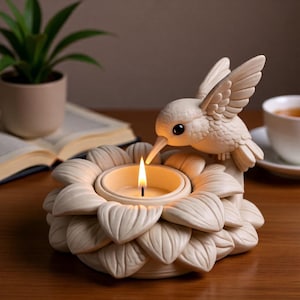 Puede incluir: Un portavelas de colibrí color crema con una vela encendida. El colibrí está posado sobre una base en forma de flor. El portavelas está sobre una superficie de madera.