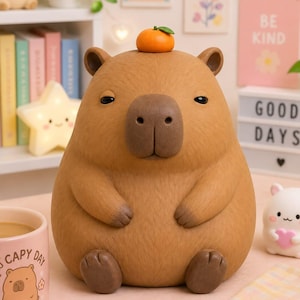 Peut inclure: Une figurine de capybara marron avec un pelage texturé, des pattes marron foncé et un petit fruit orange posé sur la tête. Le capybara a un corps arrondi, de petites oreilles et une expression faciale neutre avec des yeux et un museau sombres.