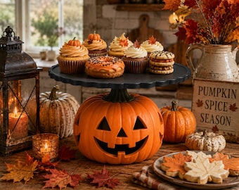 May include: A black scalloped cake stand supported by a large orange jack-o'-lantern base, holding assorted cupcakes, a glazed donut, and stacked cookies. The display is surrounded by decorative pumpkins, autumn leaves, and a sign reading PUMPKIN SPICE SEASON.