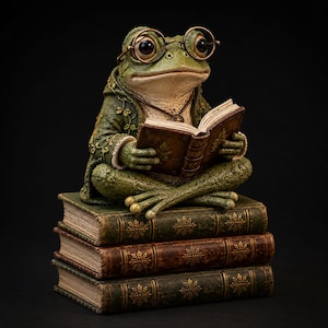 May include: A green frog figurine wearing round wire-rimmed glasses and a hooded jacket, sitting cross-legged while reading an open book. The frog is perched atop a stack of three antique-style books with gold snowflake patterns on the spines.