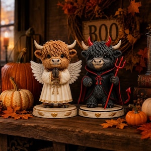 May include: Two Highland cow figurines on circular bases. The left cow has light brown fur, white angel wings, and a white robe with hands in prayer. The right cow has black fur, red devil horns, a black cape, and holds a red trident.