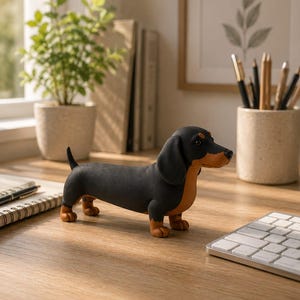 以下が含まれることがあります： 滑らかでマットな質感のダックスフンドの立ち姿のフィギュア。背中、頭、尻尾は黒く、胸、鼻先、足はタンカラーで彩色されている。頭を少し横に向けた立ち姿で、全体的にシンプルなデザインの置物である。