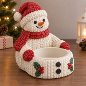 May include: A decorative snowman bowl featuring a textured white knit pattern, a red knit hat, and a red knit scarf. The snowman has a small orange carrot nose, black eyes, and a smile. The base includes two black buttons and holly berry accents.