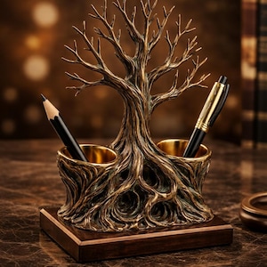 Op de afbeelding: Een bronzen bureau-organizer in de vorm van een boom, met twee penhouders en een houten basis. Een zwarte potlood en een gouden en zwarte pen zitten in de houders. Het boomontwerp heeft ingewikkelde takken en wortels.