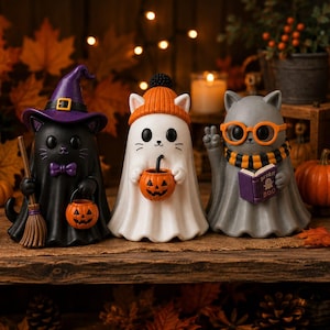May include: Three Halloween figurines featuring a black cat in a purple witch hat holding a broom and pumpkin bucket, a white ghost cat in an orange beanie holding a pumpkin, and a gray cat wearing orange glasses and a scarf holding a book.
