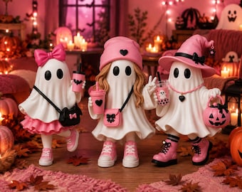 Pink Halloween Ghost Girls STL | Cute Kawaii Ghost Trio 3D Print | Halloween Ghost Figurine Set | Spooky Pink Decor | Digital Download