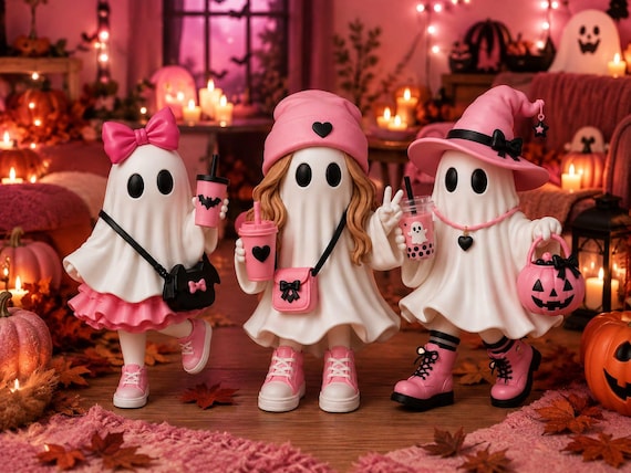 Pink Halloween Ghost Girls STL | Cute Kawaii Ghost Trio 3D Print | Halloween Ghost Figurine Set | Spooky Pink Decor | Digital Download