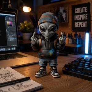 Op de afbeelding: Een grijs alien-figuurtje met een meerkleurige muts, een zwarte hoodie met verfspatten, een blauwe spijkerbroek en hoge sneakers. Het figuurtje staat rechtop en steekt met beide handen de middelvinger op. Het heeft grote zwarte ogen en een rugzak.