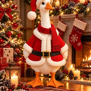 May include: A white goose figurine wearing a red Santa hat with a white pom-pom, a red scarf, and a red jacket trimmed with white faux fur. The jacket features a black belt with a gold buckle. The goose has an orange beak and orange webbed feet.