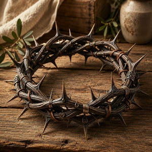 May include: A circular crown of thorns constructed from dark, textured branches intertwined with thin metallic wire. The structure features sharp, protruding spikes and is accented with small, decorative metal charms shaped like hearts and filigree patterns.